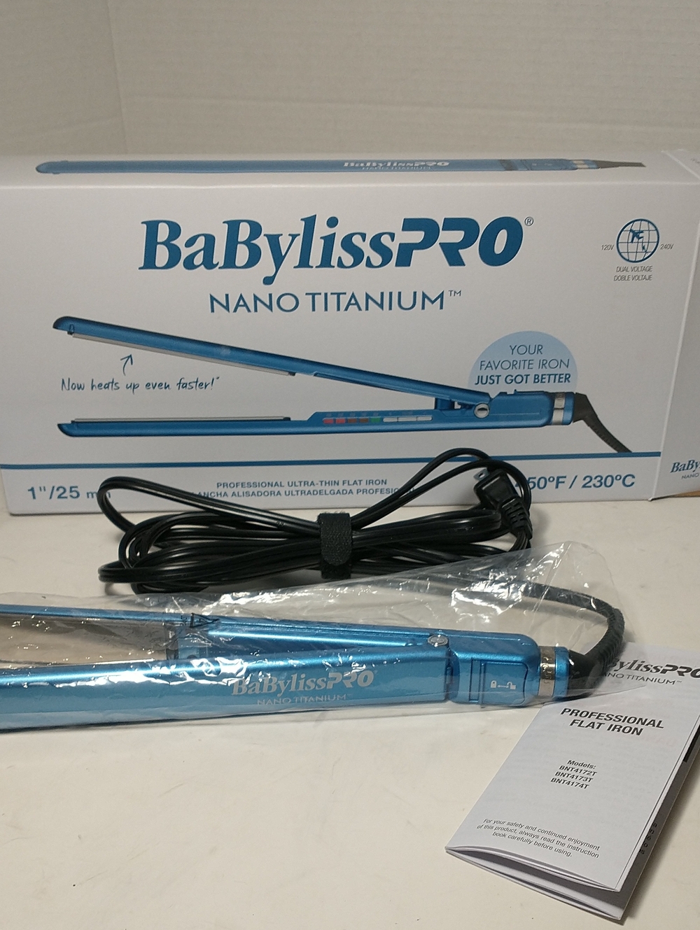 NEW BaByliss Pro Nano Titanium Ultra Thin Flat Iron, 450° F, 1"/1/4,25mm, Blue